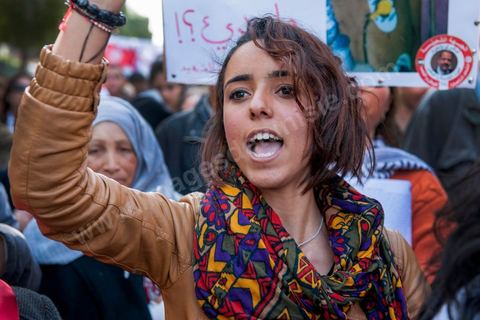 March 9, 2013: On Habib Bourguiba Avenue in Tunis, nearly 3,000 demonstrators gathered to commemorate International Women's Day and the death of Chokri Belaid on February 6. Several political figures, civil society activists, and artists answered the call issued by the UGTT Women’s Commission and other feminist organizations.