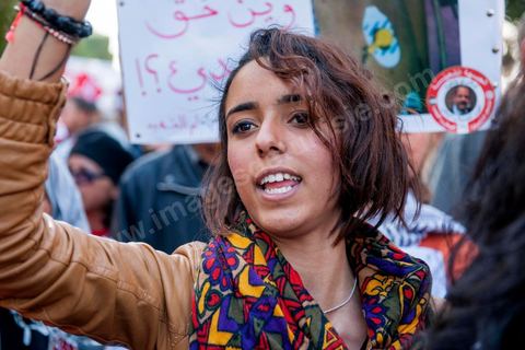 March 9, 2013: On Habib Bourguiba Avenue in Tunis, nearly 3,000 demonstrators gathered to commemorate International Women's Day and the death of Chokri Belaid on February 6. Several political figures, civil society activists, and artists answered the call issued by the UGTT Women’s Commission and other feminist organizations.