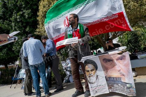 March 29, 2013: Pro-Khomeini activists on the final day of the World Social Forum on the Tunis university campus. This first forum held in the Arab world was strongly marked by Arab nationalist demands and observations, and dominated by a constant tribute to and support for the Palestinian people.