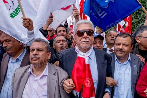 9 avril 2013 : les différents leaders et secrétaires généraux des partis de l'alliance de l'Union pour la Tunisie. à l'occasion de la journée des martyrs, l'avenue Bourguiba à Tunis a accueilli plusieurs marches politiques. Entre la première marche de la nouvelle alliance politique "Union pour la Tunisie", regroupant les partis progressistes Nidaa Tounes, Al Joumhouri, Al Massar, Parti Socialiste et Parti Patriotique, et celle des partisans de Ennahdha et des Ligues de Protection de la Révolution (LPR) la tension a été au maximum mais contrôlé par un dispositif sécuritaire impotant et efficace.