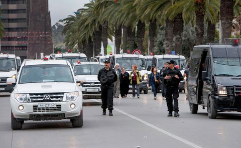 March 30, 2013: Police containment measures to protect protesters during the closing march of the WSF in Tunis
