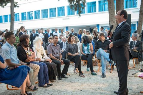 4 juillet 2013 : François Hollande au Lycée français Gustave Flaubert à la Marsa, lors de sa visite d'Etat à Tunis les 4 et 5 juillet 2013.