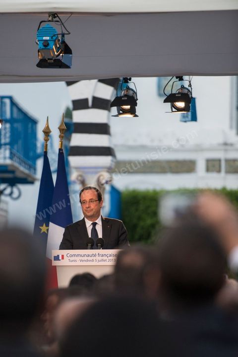 5 juillet 2013 : François Hollande lors de son discours à la Communauté française à la résidence de l'Ambassade de France, lors de sa visite à Tunis les 4 et 5 juillet 2013.
