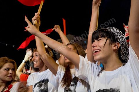 August 6, 2013: People of all generations were deeply moved during the prayer for the martyrs at the mass rally held in support of the lawmakers on sit-in, as part of a grand evening tribute to the martyrs. On this evening marking the six-month anniversary of Chokri Belaid’s assassination, nearly 60,000 opponents of the regime gathered.