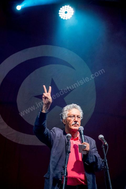 August 24, 2013: Speech by Hamma Hammami, leader of the left-wing Popular Front party, regarding the sit-in by members of parliament at the Bardo, the Tunisian opposition, united in a diverse coalition ranging from the far left to the center-right, mobilized nearly 7,000 of its supporters in Tunis to launch its “Week of Departure,” which aims to force, through peaceful demonstrations, the Ennahda-led government to resign following a month-long political stalemate triggered by the assassination of an opposition figure. 
