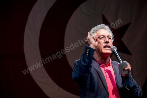 August 24, 2013: Speech by Hamma Hammami, leader of the left-wing Popular Front party, regarding the sit-in by members of parliament at the Bardo, the Tunisian opposition, united in a diverse coalition ranging from the far left to the center-right, mobilized nearly 7,000 of its supporters in Tunis to launch its “Week of Departure,” which aims to force, through peaceful demonstrations, the Ennahda-led government to resign following a month-long political stalemate triggered by the assassination of an opposition figure. 