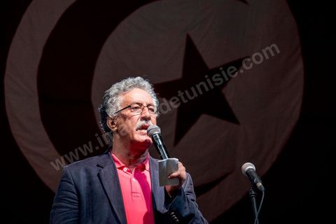 August 24, 2013: Speech by Hamma Hammami, leader of the left-wing Popular Front party, regarding the sit-in by members of parliament at the Bardo, the Tunisian opposition, united in a diverse coalition ranging from the far left to the center-right, mobilized nearly 7,000 of its supporters in Tunis to launch its “Week of Departure,” which aims to force, through peaceful demonstrations, the Ennahda-led government to resign following a month-long political stalemate triggered by the assassination of an opposition figure. 