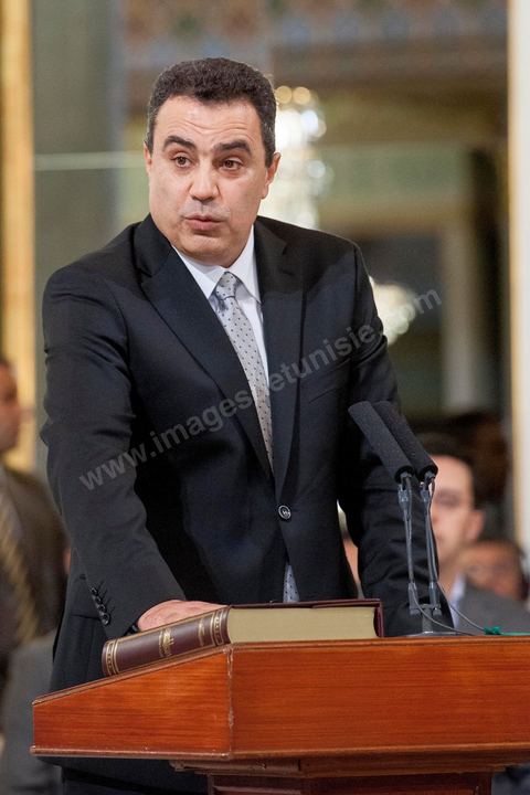 13 mars 2013 : Mehdi Jomaa lors de sa prestation de serment comme Ministre de l'Industrie, avec Moncef Marzouki Président de la République, a été nommé samedi 14 décembre nouveau Premier Ministre tunisien suit au Dialogue national.