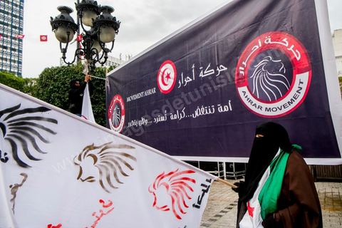 14 janvier 2014 : le nouveau mouvement de jeunes islamistes anarchistes, Ahrara mouvement, sur l'avenue Habib Bourguiba à Tunis quelques milliers de tunisiens sont venus se rassembler pour commémorer le troisième anniversaire du départ de l'ancien Président Ben Ali, aboutissement des mouvements de révoltes en région démarrés le 17 décmbre 2010. Tous les genres politiques se croisent et se chamaillent l'avenue, d'un côté les islamistes avec Ennahdha, les ligues et même un nouveau mouvement islamiste anachiste, de l'autre la gauche et l'opposition commémorant à la fois le départ des anciens et la mémoire des martyrs de la révolution et des martyrs politiques. 