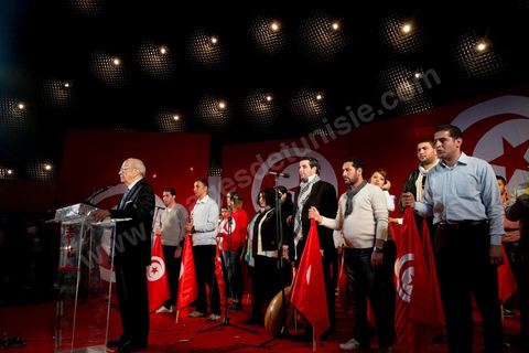 January 14, 2014: Nidaa Tounes rally and speech by Béji Caïd Essebsi at the Tunis Convention Center, on the anniversary of the Revolution.