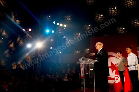 January 14, 2014: Nidaa Tounes rally and speech by Béji Caïd Essebsi at the Tunis Convention Center, on the anniversary of the Revolution. Béji Caïd Essebsi, 87, is the opposition candidate in the upcoming presidential election.