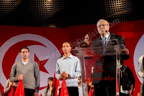 January 14, 2014: Nidaa Tounes rally and speech by Béji Caïd Essebsi at the Tunis Convention Center, on the anniversary of the Revolution. Béji Caïd Essebsi, 87, is the opposition candidate in the upcoming presidential election.