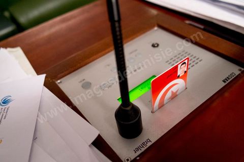 January 16, 2014: Representative Iyed Dahmani's voting station in the chamber of the National Constituent Assembly; each representative has an electronic card that allows him or her to vote.