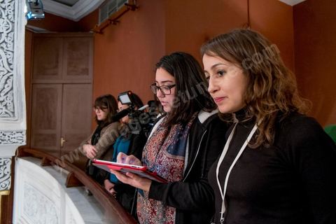 January 14, 2014: The Al Bawsala team, including Amira Yahyaoui, at the National Constituent Assembly, where members continue to review and vote on the articles of the constitution. On the anniversary of the Revolution, the president of the National Constituent Assembly had hoped to finalize the constitution on this commemorative day; unfortunately, heated debates are causing delays. 