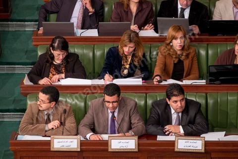 January 14, 2014: Habib Khedher (bottom left), rapporteur for the constitution, and his assessors in the National Constituent Assembly; deputies continue to review and vote on the articles of the constitution. On the anniversary of the Revolution, the president of the National Constituent Assembly had hoped to finalize the constitution on this commemorative day; unfortunately, heated debates are causing delays. 