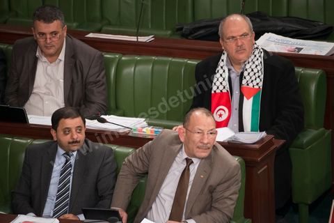 Members of the Constituent Assembly. Wearing the sash is Nejib Mrad, a member of the Ennahdha group.
