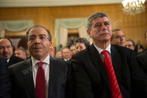 Mongi Hamdi (Minister of Foreign Affairs) and Ghazi Jribi (Minister of National Defense) at the ceremony marking the handover of power from Ali Laarayedh to Mehdi Jomaa as head of government at Dar Dhiafa on January 29, 2014.