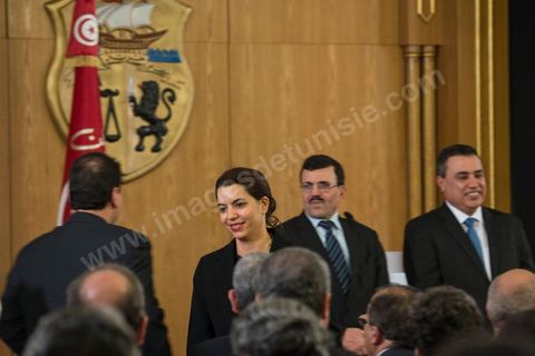 Amel Karboul, Minister of Tourism, at the center of a controversy over a visit to Israel, during the handover ceremony for the position of head of government from Ali Laarayedh to Mehdi Jomaa at Dar Dhiafa on January 29, 2014.