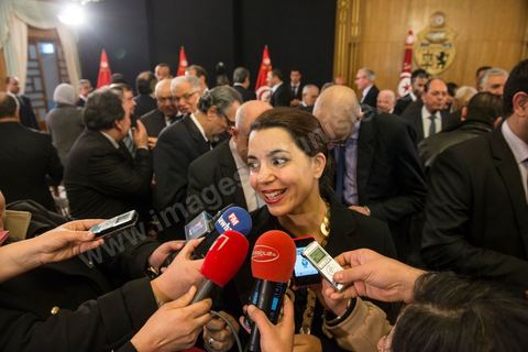 Amel Karboul, Minister of Tourism, at the center of a controversy over a visit to Israel, during the handover ceremony for the position of head of government from Ali Laarayedh to Mehdi Jomaa at Dar Dhiafa on January 29, 2014.