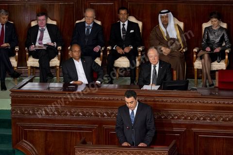 7 février 2014 : Discours de Mehdi Jomaa, nouveau Premier ministre tunisien dans l'hemicycle de l'ANC.  Cérémonie de célébration de la nouvelel constitution tunisienne à l'Assemblée Nationale constituante en pésence des 3 présidents tunisiens, Moncef Marzouki, présidnet de la République, Mustapha Ben Jaafar, Président de l'Assemblée, et Mehdi Jomaa, Président du gouvernment, ainsi que du président françois François Hollande et des représentants de plusieurs pays, députés et leaders de partis politiques.