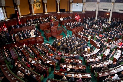 7 février 2014 : Discours de Mehdi Jomaa, nouveau Premier ministre tunisien dans l'hemicycle de l'ANC.  Cérémonie de célébration de la nouvelel constitution tunisienne à l'Assemblée Nationale constituante en pésence des 3 présidents tunisiens, Moncef Marzouki, présidnet de la République, Mustapha Ben Jaafar, Président de l'Assemblée, et Mehdi Jomaa, Président du gouvernment, ainsi que du président françois François Hollande et des représentants de plusieurs pays, députés et leaders de partis politiques.