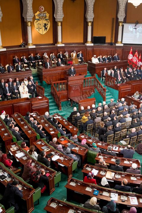 7 février 2014 : Discours de Mehdi Jomaa, nouveau Premier ministre tunisien dans l'hemicycle de l'ANC.  Cérémonie de célébration de la nouvelel constitution tunisienne à l'Assemblée Nationale constituante en pésence des 3 présidents tunisiens, Moncef Marzouki, présidnet de la République, Mustapha Ben Jaafar, Président de l'Assemblée, et Mehdi Jomaa, Président du gouvernment, ainsi que du président françois François Hollande et des représentants de plusieurs pays, députés et leaders de partis politiques.