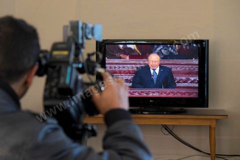 7 février 2014 : Salle de presse. Cérémonie de célébration de la nouvelle constitution tunisienne à l'Assemblée Nationale constituante en pésence des 3 présidents tunisiens, Moncef Marzouki, présidnet de la République, Mustapha Ben Jaafar, Président de l'Assemblée, et Mehdi Jomaa, Président du gouvernment, ainsi que du président françois François Hollande et des représentants de plusieurs pays, députés et leaders de partis politiques.