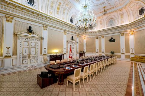 April 24, 2014: Meeting and talks between the French and German foreign ministers and the President of the Republic of Tunisia, Moncef Marzouki, at the Presidential Palace in Carthage. Joint two-day visit to Tunis by Laurent Fabius, French Minister of Foreign Affairs, and his German counterpart, Frank-Walter Steinmeier.