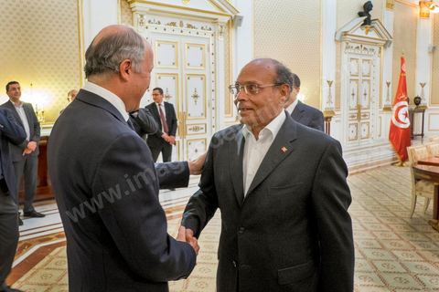 April 24, 2014: Meeting and talks between the French and German foreign ministers and the President of the Republic of Tunisia, Moncef Marzouki, at the Presidential Palace in Carthage. Joint two-day visit to Tunis by Laurent Fabius, French Minister of Foreign Affairs, and his German counterpart, Frank-Walter Steinmeier.