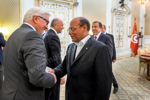April 24, 2014: Meeting and talks between the French and German foreign ministers and the President of the Republic of Tunisia, Moncef Marzouki, at the Presidential Palace in Carthage. Joint two-day visit to Tunis by Laurent Fabius, French Minister of Foreign Affairs, and his German counterpart, Frank-Walter Steinmeier.