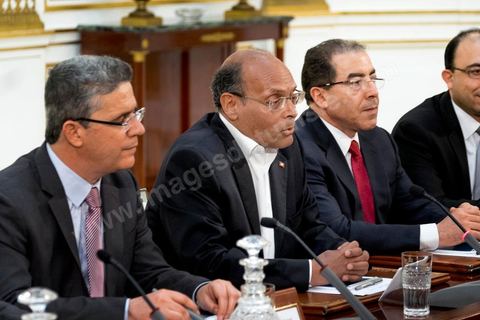 April 24, 2014: Meeting and talks between the French and German foreign ministers and the President of the Republic of Tunisia, Moncef Marzouki, at the Presidential Palace in Carthage. Joint two-day visit to Tunis by Laurent Fabius, French Minister of Foreign Affairs, and his German counterpart, Frank-Walter Steinmeier.