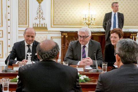 April 24, 2014: Meeting and talks between the French and German foreign ministers and the President of the Republic of Tunisia, Moncef Marzouki, at the Presidential Palace in Carthage. Joint two-day visit to Tunis by Laurent Fabius, French Minister of Foreign Affairs, and his German counterpart, Frank-Walter Steinmeier.