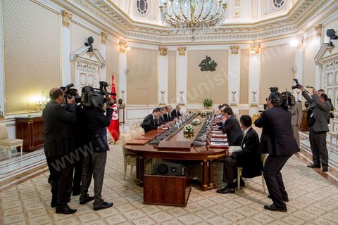April 24, 2014: Meeting and talks between the French and German foreign ministers and the President of the Republic of Tunisia, Moncef Marzouki, at the Presidential Palace in Carthage. Joint two-day visit to Tunis by Laurent Fabius, French Minister of Foreign Affairs, and his German counterpart, Frank-Walter Steinmeier.