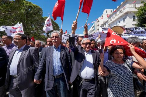 1er mai 2014 : Hamma Hammami lors de la manifestation de l'UGGT et de l'extrême gauche pour commémorer la Fête du Travail à Tunis, de l'historique place Mohamed Ali à l'Avenue Habib Bourguiba.
