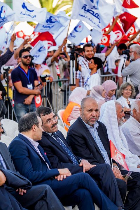 June 7, 2014: Ali Larayedh and Walid Benani. The Islamist Ennahda Party celebrates its 33rd anniversary in the main square of the Kasbah in Tunis. More than 3,000 supporters gathered for what resembled a political rally, featuring music and a speech by the party’s founder and president, Rached Ghannouchi.