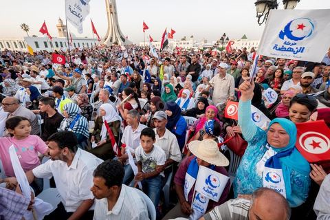 June 7, 2014: The Islamist Ennahda Party celebrates its 33rd anniversary in the large Kasbah Square in Tunis. More than 3,000 supporters gathered for what resembled a political rally, featuring music and a speech by the party’s founder and president, Rached Ghannouchi.