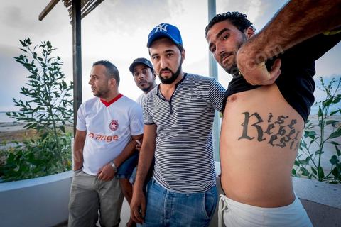 June 13, 2014: Four of the young people facing charges, including one who is on the run (tattooed), in Ksibet El Mediouni, near Monastir, 24 young people are being prosecuted by the police and the courts in connection with the burning of a police station during protests on the day of Chokri Belaid’s assassination on February 6, 2013. Seven have already spent between seven and thirteen months in pretrial detention; 19 remain at large, including five who have been declared fugitives. Their trial is scheduled for July 10.