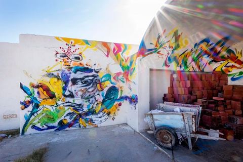 Oeuvres de l'artiste espagnol LAGUNA pour le Projet DjerbaHood : après la Tour Paris 13, la team Itinerrance dépose ses valises dans un village traditionnel de l’île de Djerba, Erriadh. Depuis le début du mois de juillet, le village d’Erriadh se métamorphose petit à petit pour devenir un véritable musée à ciel ouvert. Une sélection d’artistes des quatre coins du monde ont été invités à s’exprimer dans ce décor unique à l’architecture authentique : murs blancs, portes bleues turquoises, dômes, veilles constructions et divers lieux abandonnés, autant de possibilités qui donneront naissance à des créations uniques aux couleurs locales.