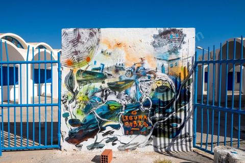 Oeuvres des artistes espagnols LAGUNA et SEBAS VELASCO pour le Projet DjerbaHood : après la Tour Paris 13, la team Itinerrance dépose ses valises dans un village traditionnel de l’île de Djerba, Erriadh. Depuis le début du mois de juillet, le village d’Erriadh se métamorphose petit à petit pour devenir un véritable musée à ciel ouvert. Une sélection d’artistes des quatre coins du monde ont été invités à s’exprimer dans ce décor unique à l’architecture authentique : murs blancs, portes bleues turquoises, dômes, veilles constructions et divers lieux abandonnés, autant de possibilités qui donneront naissance à des créations uniques aux couleurs locales.