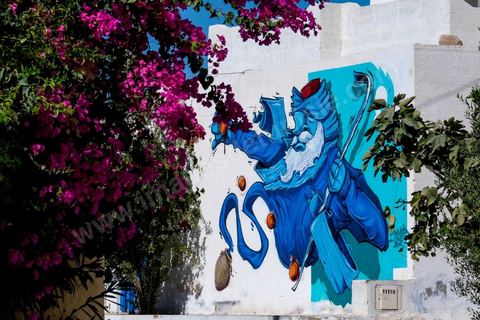 Oeuvres de l'artiste saoudien DEYAA pour le Projet DjerbaHood : après la Tour Paris 13, la team Itinerrance dépose ses valises dans un village traditionnel de l’île de Djerba, Erriadh. Depuis le début du mois de juillet, le village d’Erriadh se métamorphose petit à petit pour devenir un véritable musée à ciel ouvert. Une sélection d’artistes des quatre coins du monde ont été invités à s’exprimer dans ce décor unique à l’architecture authentique : murs blancs, portes bleues turquoises, dômes, veilles constructions et divers lieux abandonnés, autant de possibilités qui donneront naissance à des créations uniques aux couleurs locales.