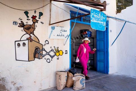 Works by Réunion-based artist JACE for the DjerbaHood Project: after the Tour Paris 13, the Itinerrance team has set up shop in Erriadh, a traditional village on the island of Djerba. Since early July, the village of Erriadh has been gradually transforming into a veritable open-air museum. A selection of artists from around the world has been invited to showcase their work in this unique setting with its authentic architecture: white walls, turquoise-blue doors, domes, old buildings, and various abandoned sites—all offering endless possibilities that will give rise to unique creations infused with local flair.