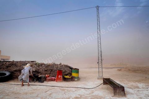 A farming hamlet caught in a sandstorm a few hundred meters from "Gafsa Beach" Lake