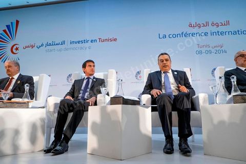 September 8, 2014: Prime Ministers Manuel Valls (France), Mehdi Jomaa (Tunisia), Abdelmalek Sallel (Algeria) (L), and Abdel Ilah Ben Kirane (Morocco) (R) at the “Investing in Tunisia: Start-Up Democracy” conference organized by Tunisia and France, attended by representatives from numerous countries. During this conference, Tunisia presented 20 major investment projects across several sectors, including new technologies, renewable energy, industry, tourism, and trade.