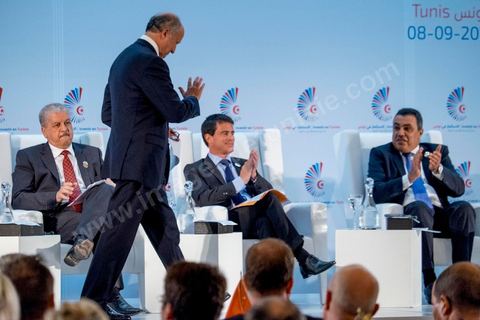 September 8, 2014: Speech by Laurent Fabius, French Minister of Foreign Affairs, seated next to French Prime Minister Manuel Valls and his Algerian counterpart Abdelmalek Sallel (L) and Tunisian counterpart Mehdi Jomaa (R) during the opening of the “Investing in Tunisia, Start-Up Democracy,” organized by Tunisia and France and attended by representatives from numerous countries. During the conference, Tunisia presented 20 strategic investment projects across several sectors, including new technologies, renewable energy, industry, tourism, and trade.