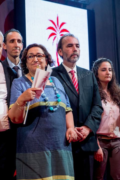 9 octobre 2014 : Said Aïdi et Bochra Bel Hadj Hamida, liste Tunis 2, au meeting du parti Nidaa Tounes dans le quartier populaire de Mellassine à l'ouest de Tunis. Béji Caïd Essebsi, président du parti et candidat à la présidentielle, est venue soutenir la liste de Tunis 1 pour les legislatives avec un discours plein de promesses : «Mellassine souffre de pauvreté et de marginalisation. Cette situation ne saurait durer plus longtemps». 