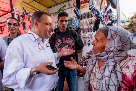 October 16, 2014: Samir Taieb, a member of the National Constituent Assembly (ANC) and the lead candidate on the Tunis 1 list for the Union for Tunisia (UPT) party in the legislative elections, campaigning at the Kabaria market. Kabaria is one of the most disadvantaged neighborhoods in the southern suburbs of Tunis; social tensions and grievances are widespread in these neighborhoods, where residents are often disillusioned with politics. Grassroots outreach has the merit of giving them hope and convincing them to go to the polls. 