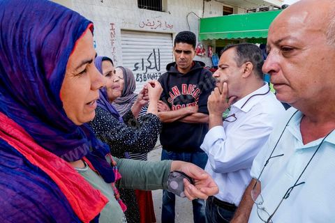 October 16, 2014: Samir Taieb, a member of the National Constituent Assembly (ANC) and the lead candidate on the Tunis 1 list for the Union for Tunisia (UPT) party in the legislative elections, campaigning at the Kabaria market. Kabaria is one of the most disadvantaged neighborhoods in the southern suburbs of Tunis; social tensions and grievances are widespread in these neighborhoods, where residents are often disillusioned with politics. Grassroots outreach has the merit of giving them hope and convincing them to go to the polls. 