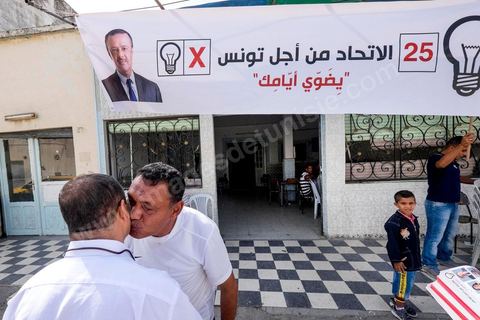 October 16, 2014: Samir Taieb, a member of the National Constituent Assembly (ANC) and the lead candidate on the Tunis 1 list for the Union for Tunisia (UPT) party in the legislative elections, campaigning at the Kabaria market. Kabaria is one of the most disadvantaged neighborhoods in the southern suburbs of Tunis; social tensions and grievances are widespread in these neighborhoods, where residents are often disillusioned with politics. Grassroots outreach has the merit of giving them hope and convincing them to go to the polls. 