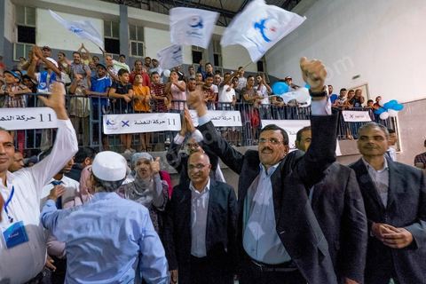October 17, 2014: Rally held by the Islamist Ennahdha Party in the sports hall of the working-class neighborhood of Ezzouhour, a western suburb of Tunis, to present the “Tunis 1” slate led by Ali Larayedh, former interior minister and prime minister, for the campaign leading up to the October 26 legislative elections. 