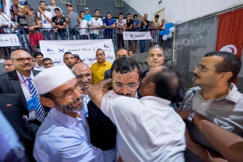 October 17, 2014: Rally held by the Islamist Ennahdha Party in the sports hall of the working-class neighborhood of Ezzouhour, a western suburb of Tunis, to present the “Tunis 1” slate led by Ali Larayedh, former interior minister and prime minister, for the campaign leading up to the October 26 legislative elections. 